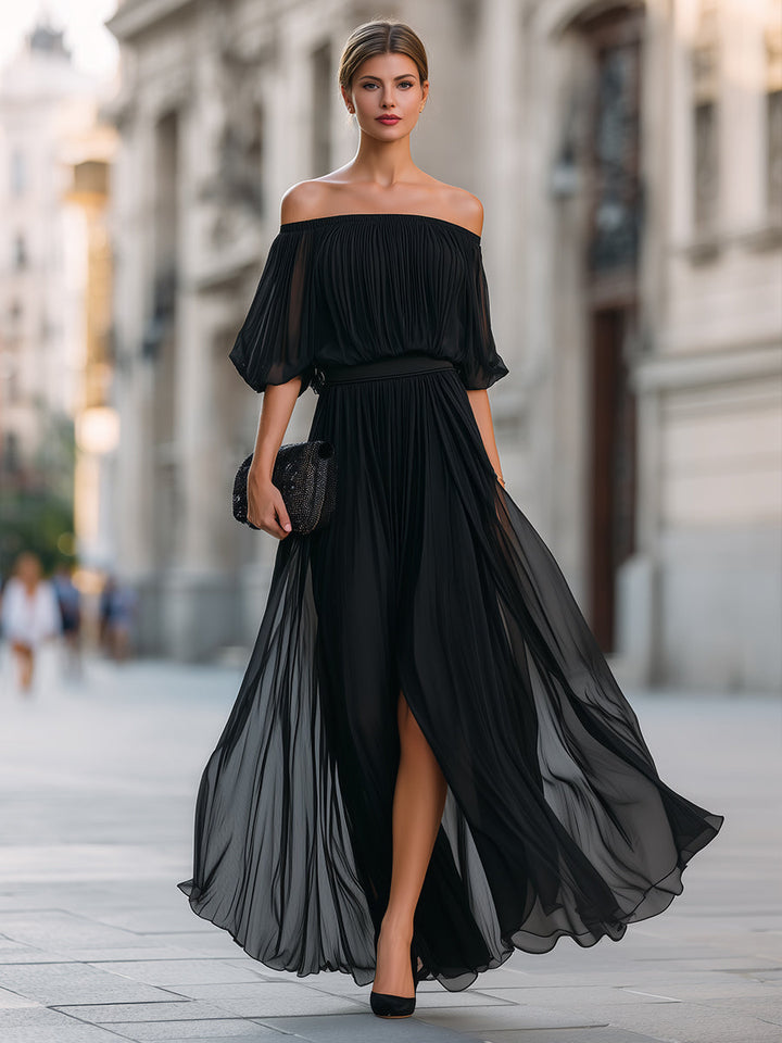 Women's Elegant Off Shoulder Formal Wedding Guest Maxi Dress with Pleated Skirt