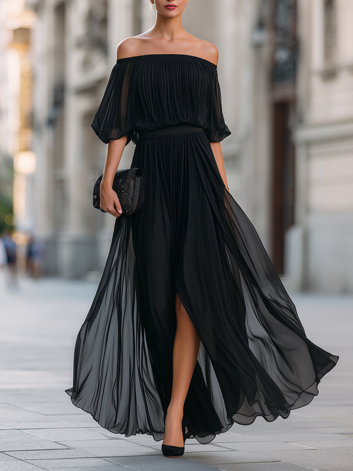 Women's Elegant Off Shoulder Formal Wedding Guest Maxi Dress with Pleated Skirt