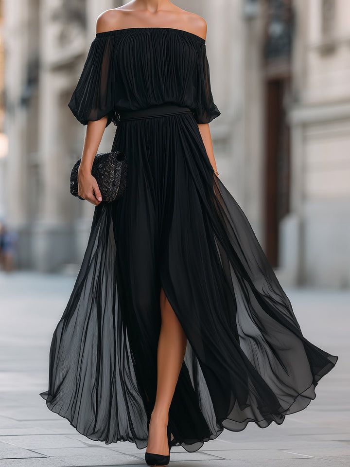 Women's Elegant Off Shoulder Formal Wedding Guest Maxi Dress with Pleated Skirt
