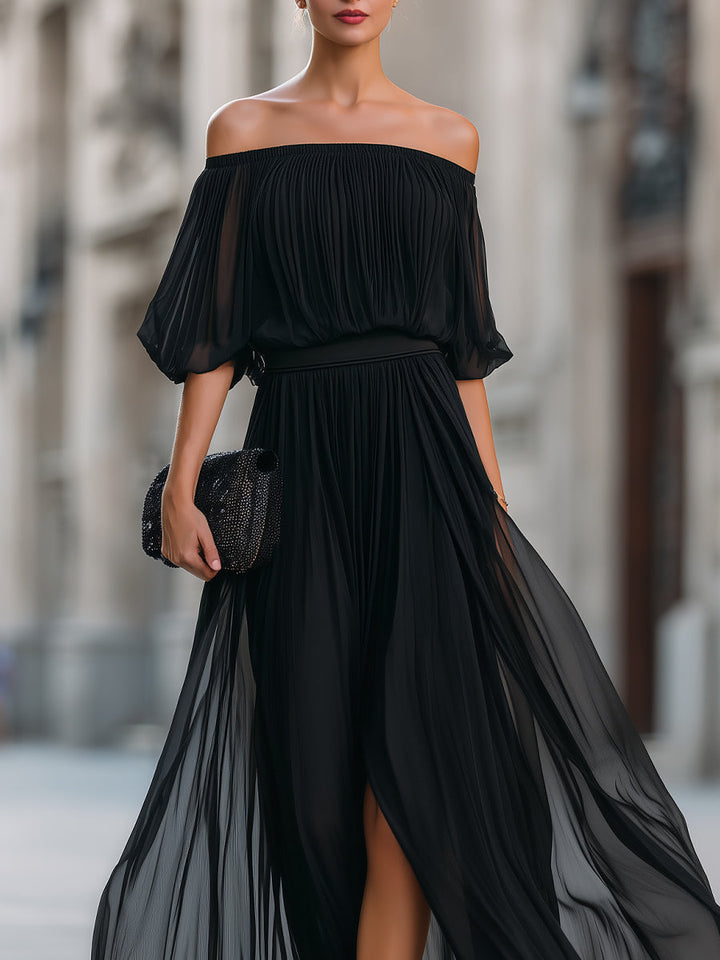 Women's Elegant Off Shoulder Formal Wedding Guest Maxi Dress with Pleated Skirt
