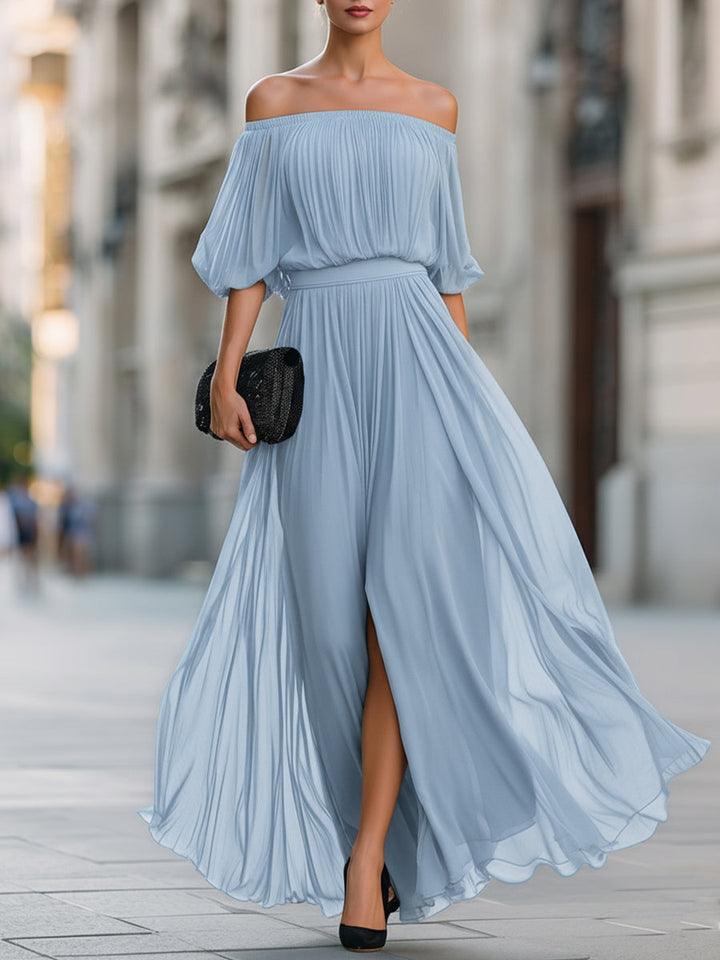 Women's Elegant Off Shoulder Formal Wedding Guest Maxi Dress with Pleated Skirt