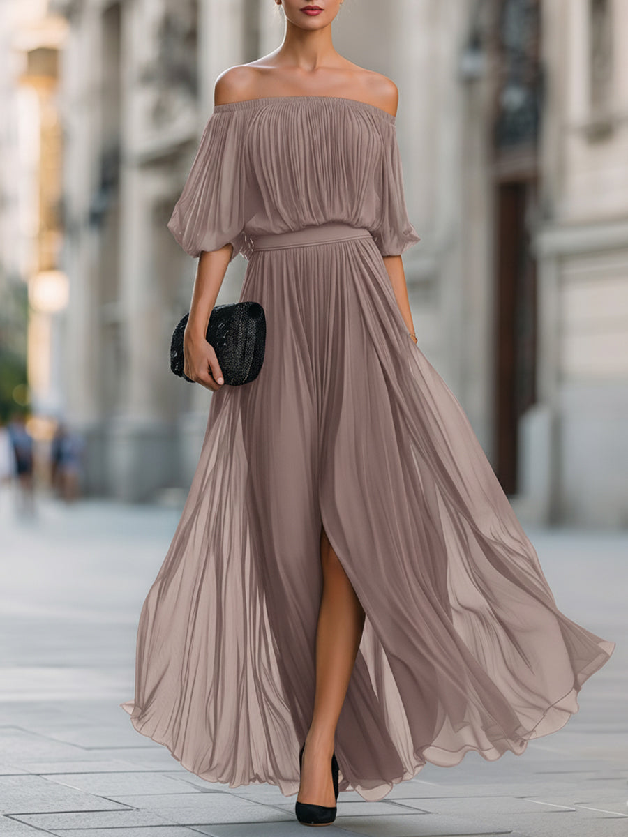 Women's Elegant Off Shoulder Formal Wedding Guest Maxi Dress with Pleated Skirt