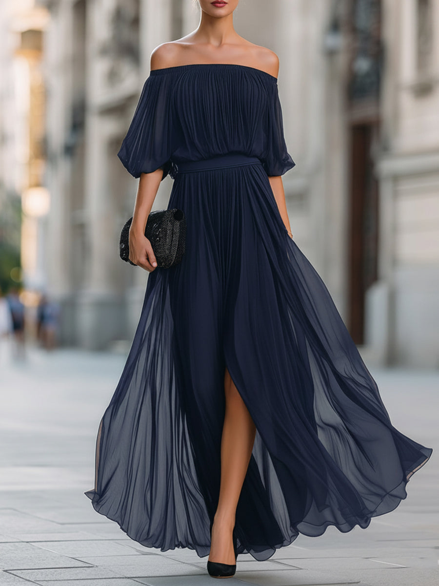 Women's Elegant Off Shoulder Formal Wedding Guest Maxi Dress with Pleated Skirt