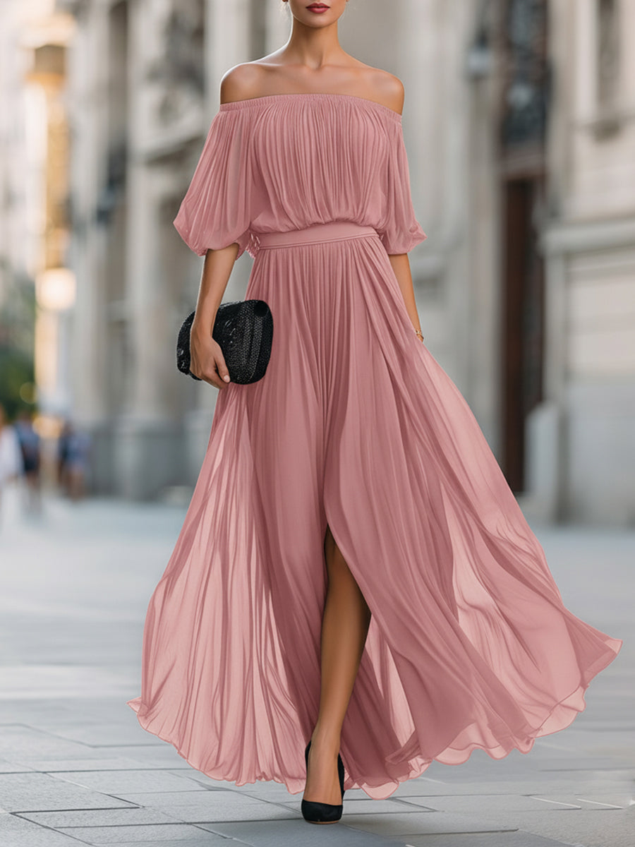 Women's Elegant Off Shoulder Formal Wedding Guest Maxi Dress with Pleated Skirt