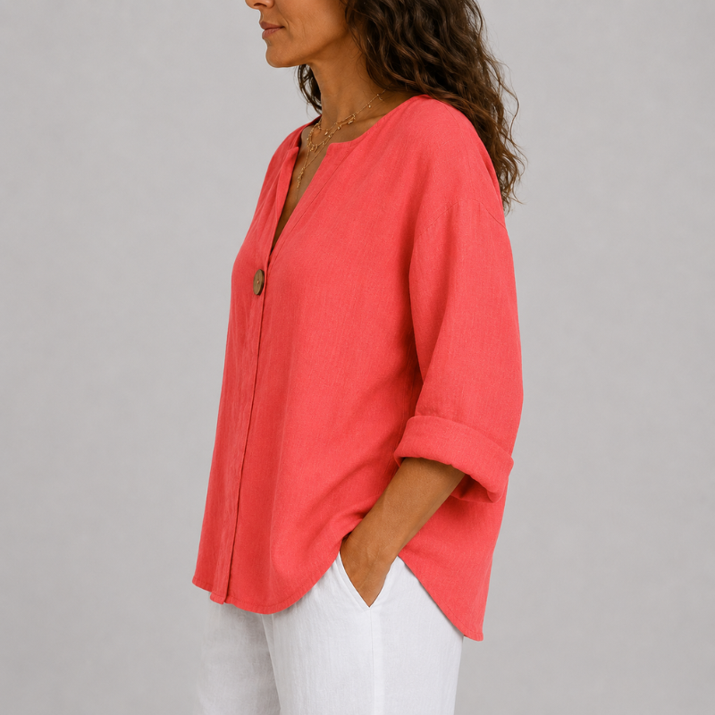 Women's V-Neck Linen Blouse with Single Button Detail