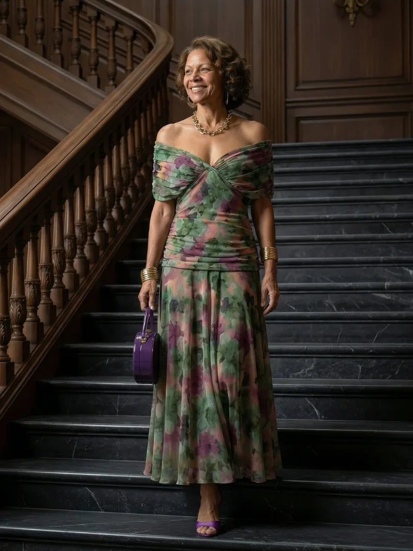 Women's Watercolour Floral Draped Off-Shoulder Flowy Midi Dress