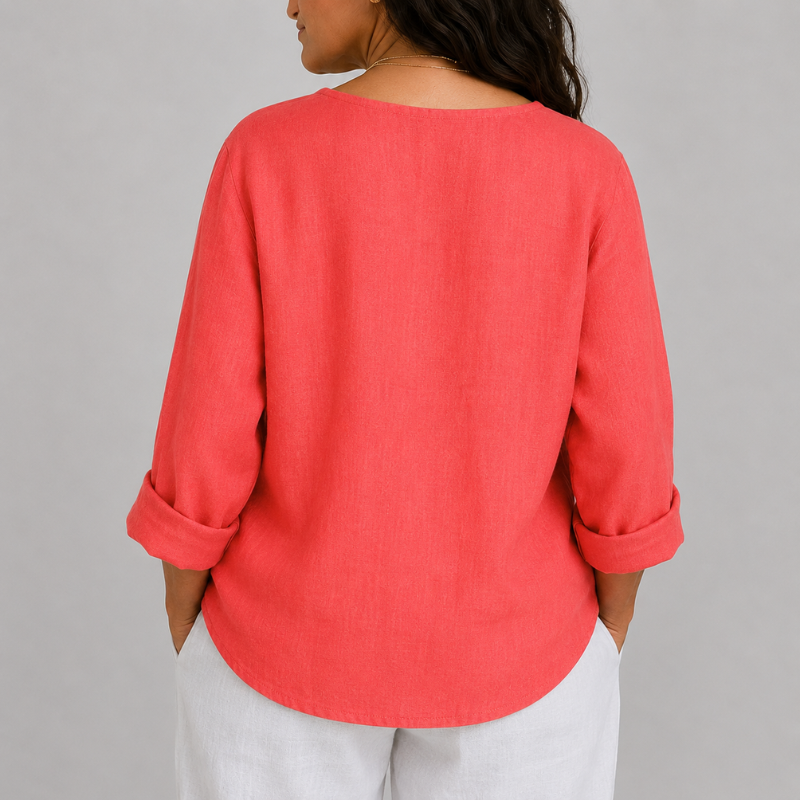 Women's V-Neck Linen Blouse with Single Button Detail
