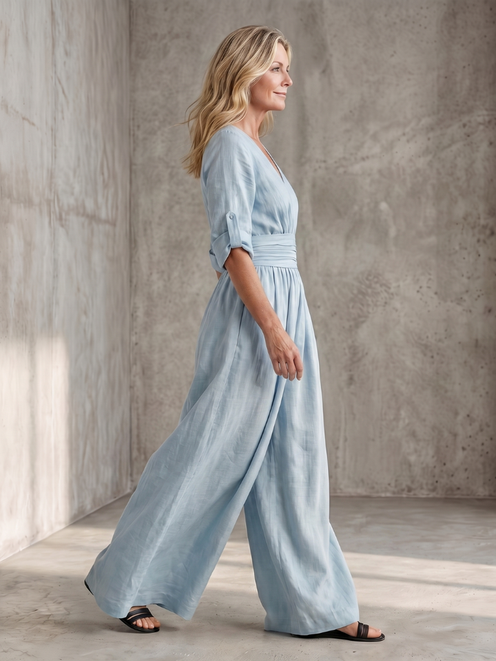 Women's Cross-Front Wide-Leg Gathered Waist Maxi Jumpsuit