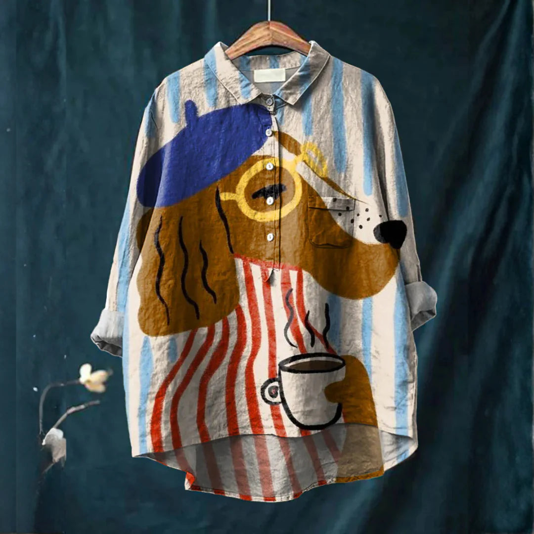 Women's Linen Patterned Shirt Relaxed Fit Button Down