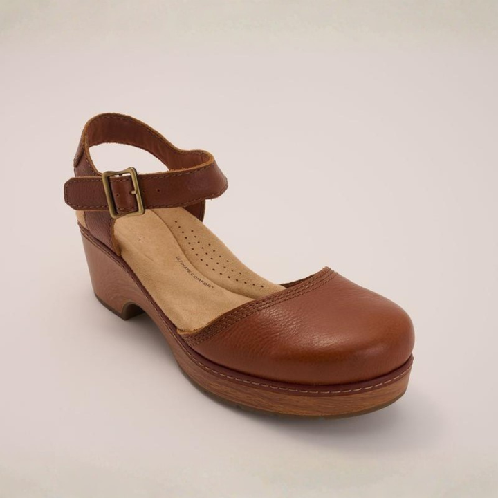 Women's Leather Ankle Strap Wooden Platform Clogs