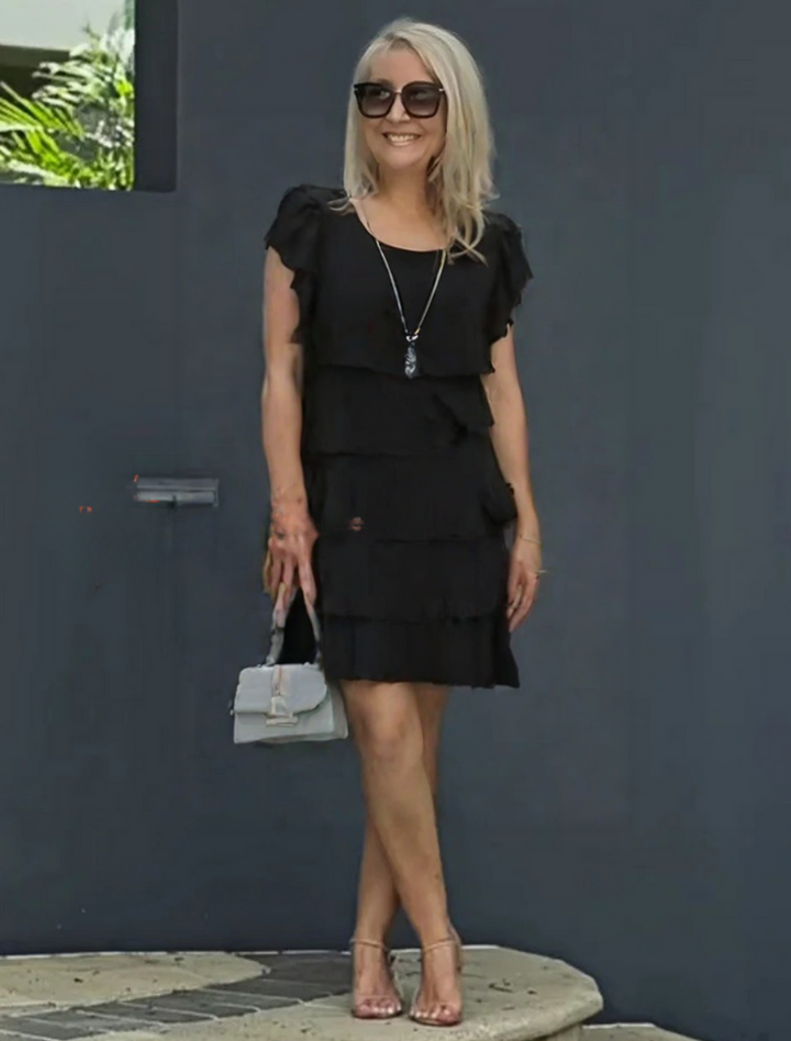 Women's Chiffon Tiered Ruffle Short Sleeve Round Neck Midi Dress