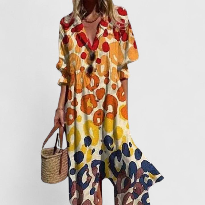 Women's Botanical Print Collared Button-Front Long Sleeve Midi Dress