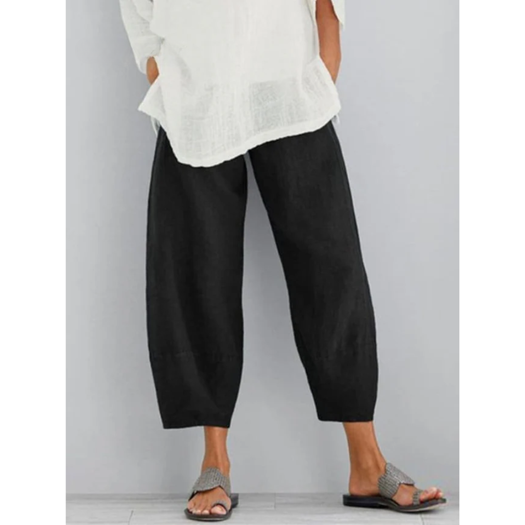 Women's Linen Elasticated Waist Cropped Wide-Leg Trousers