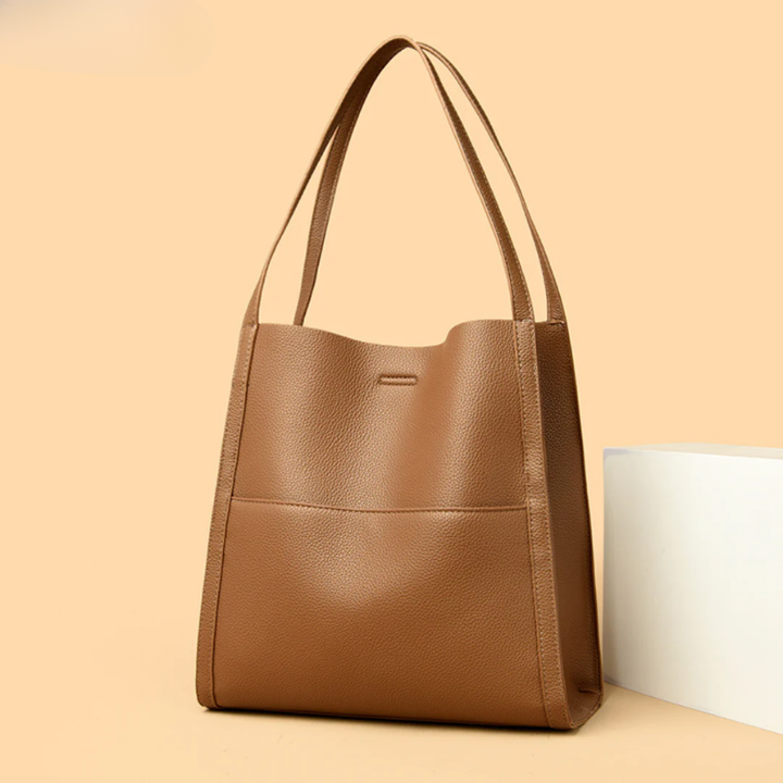 Women's Leather Tote Bag with Front Pocket Detail