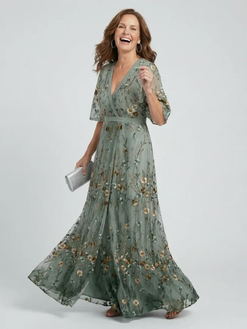 Women's Floral Embroidered Maxi Dress V-Neck Flutter Sleeve