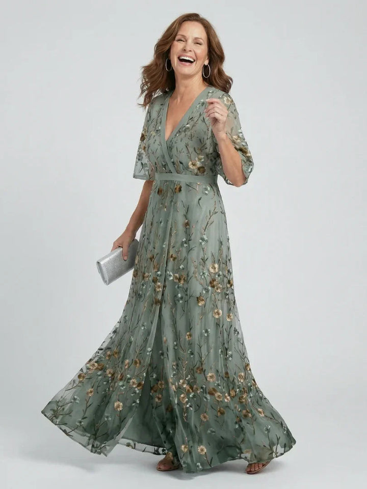 Women's Floral Embroidered Maxi Dress V-Neck Flutter Sleeve