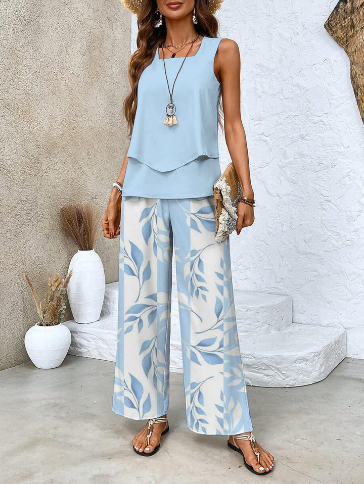 Women's Two-Piece Layered Top and Floral Wide-Leg Trousers Set