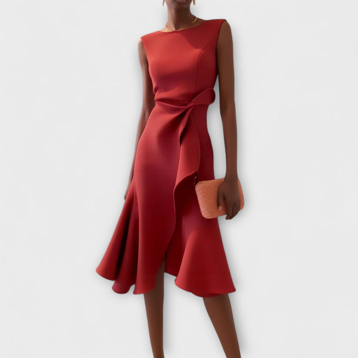 Women's Sleeveless Draped Waist Asymmetric Ruffle Hem Midi Dress