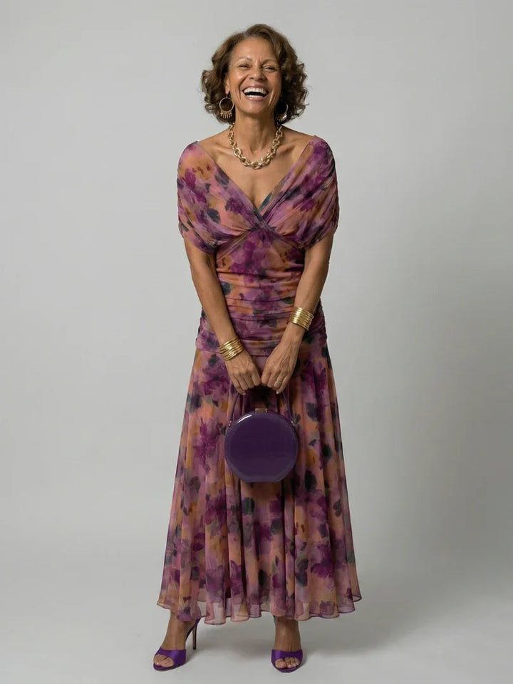 Women's Watercolour Floral Draped Off-Shoulder Flowy Midi Dress