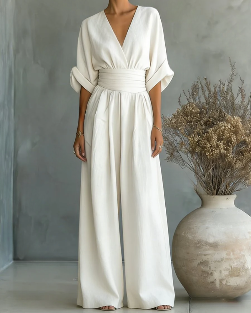 Women's Linen V-Neck Wide Leg Jumpsuit with Pockets
