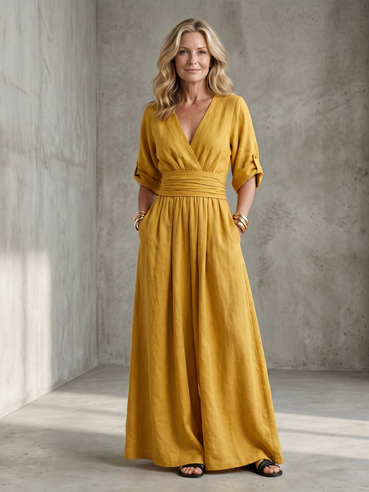 Women's Cross-Front Wide-Leg Gathered Waist Maxi Jumpsuit
