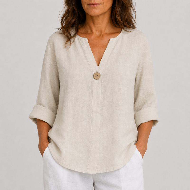 Women's V-Neck Linen Blouse with Single Button Detail