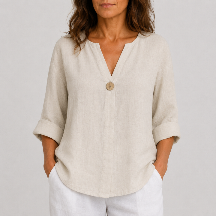 Women's V-Neck Linen Blouse with Single Button Detail