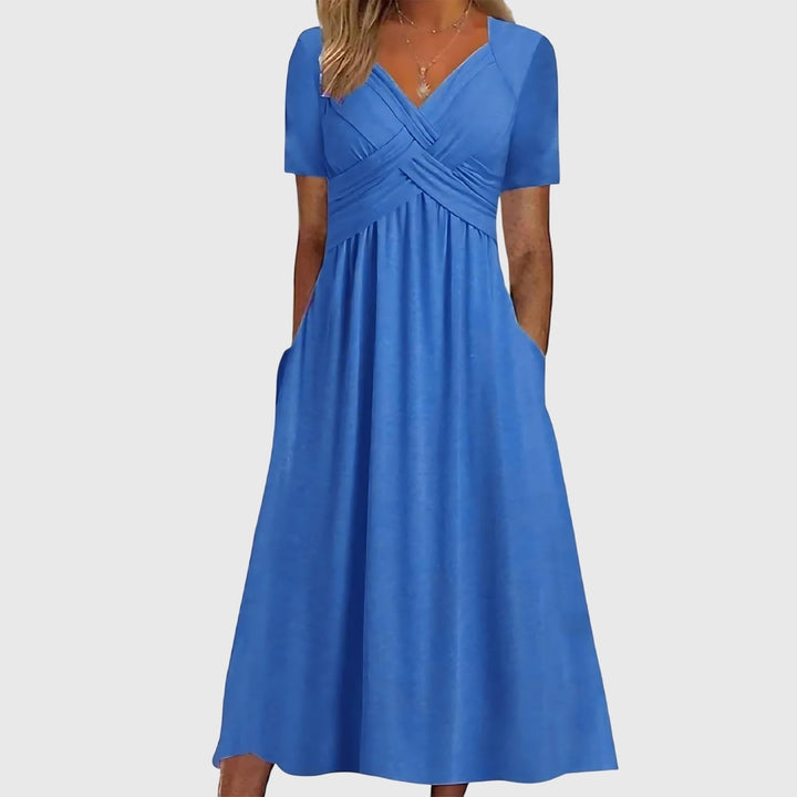Women's V-Neck Crossover Ruched Tummy Control Midi Dress