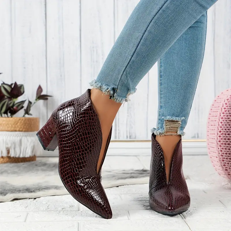 Women's Croc Embossed Pointed Toe Block Heel Ankle Boots