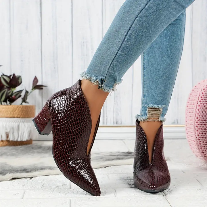Women's Croc Embossed Pointed Toe Block Heel Ankle Boots