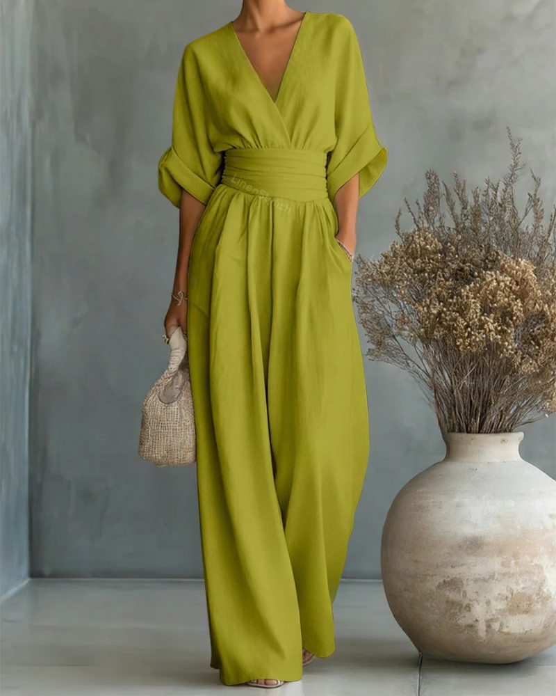 Women's Linen V-Neck Wide Leg Jumpsuit with Pockets