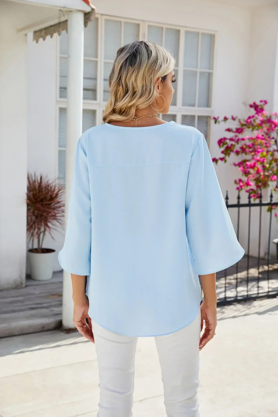 Women's V-Neck Chiffon Blouse Split Sleeve Relaxed Fit