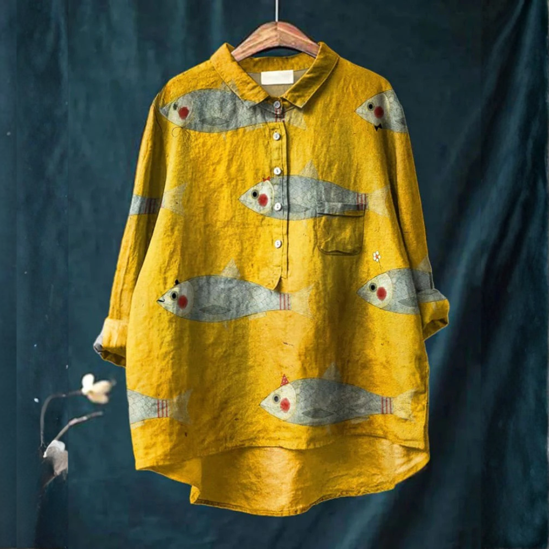 Women's Linen Patterned Shirt Relaxed Fit Button Down