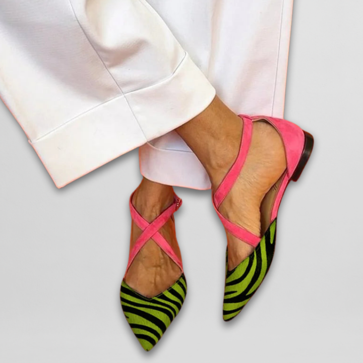 Women's Zebra Print Pointed Toe Cross Strap Ballet Flat Shoes