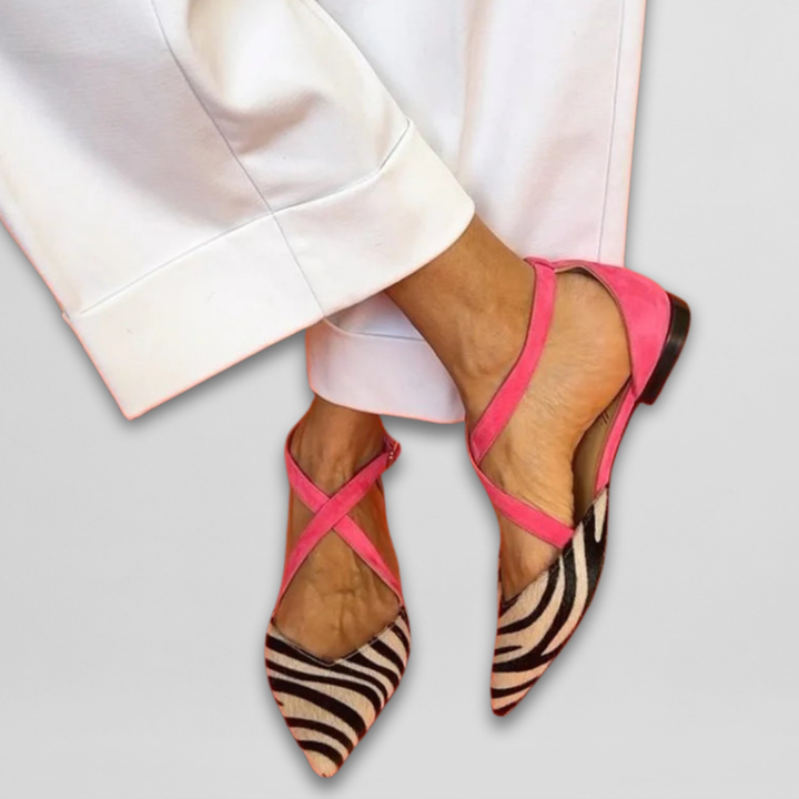 Women's Zebra Print Pointed Toe Cross Strap Ballet Flat Shoes