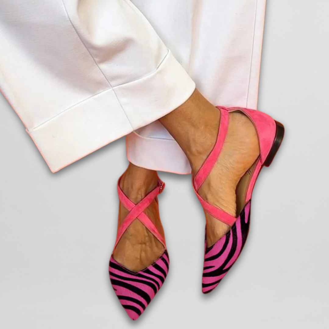Women's Zebra Print Pointed Toe Cross Strap Ballet Flat Shoes