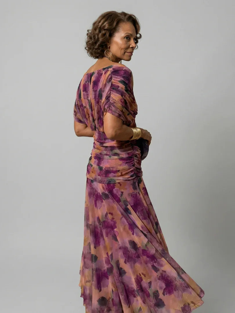 Women's Watercolour Floral Draped Off-Shoulder Flowy Midi Dress