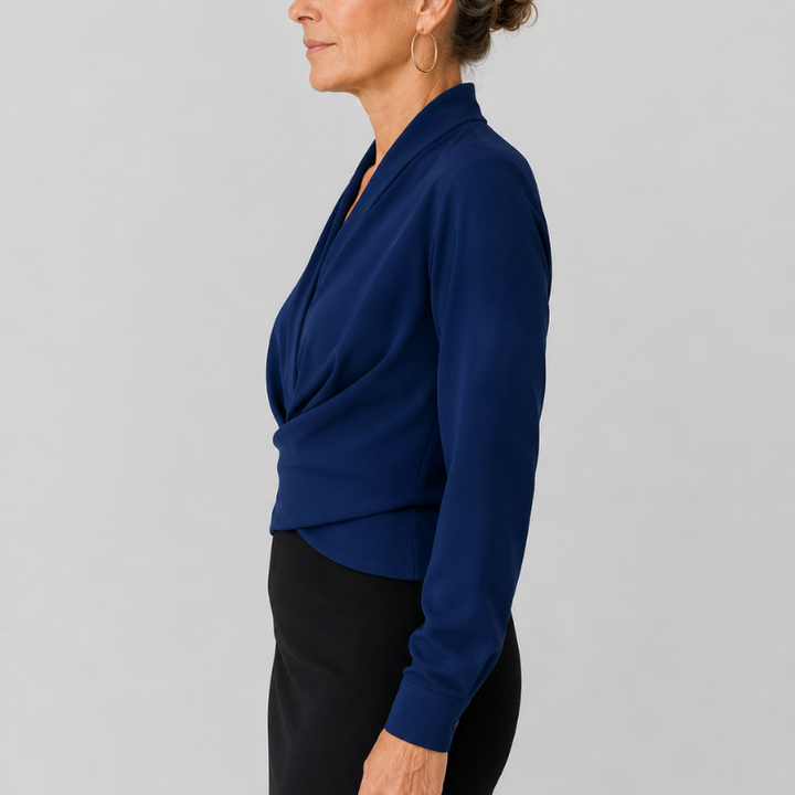 Women's Wrap Blouse with Draped V-Neckline and Long Sleeve Crossover Top