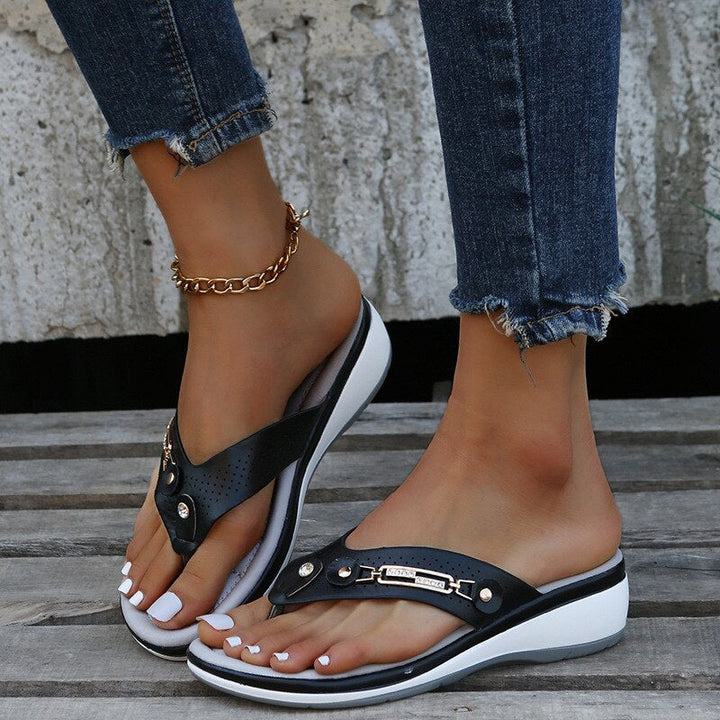 Women's Orthopaedic Thong Toe Wedge Sandals Gold Trim Detail