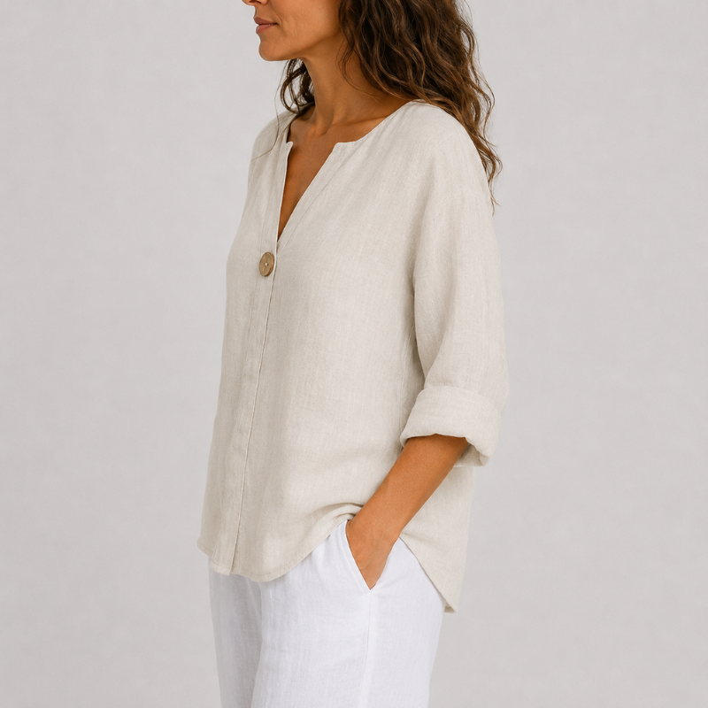 Women's V-Neck Linen Blouse with Single Button Detail