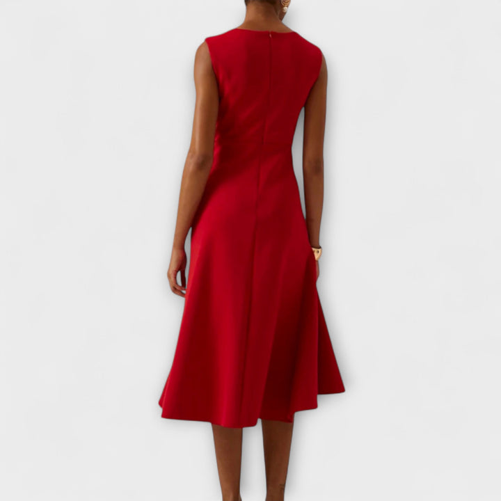 Women's Sleeveless Draped Waist Asymmetric Ruffle Hem Midi Dress