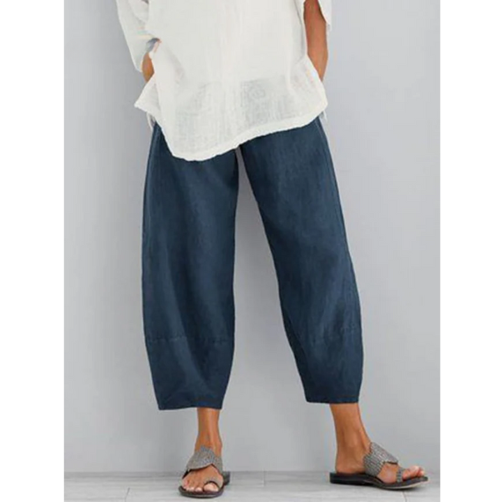 Women's Linen Elasticated Waist Cropped Wide-Leg Trousers