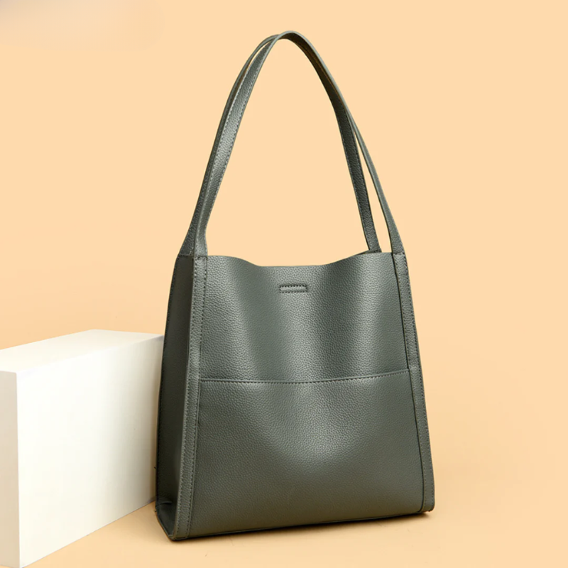 Women's Leather Tote Bag with Front Pocket Detail