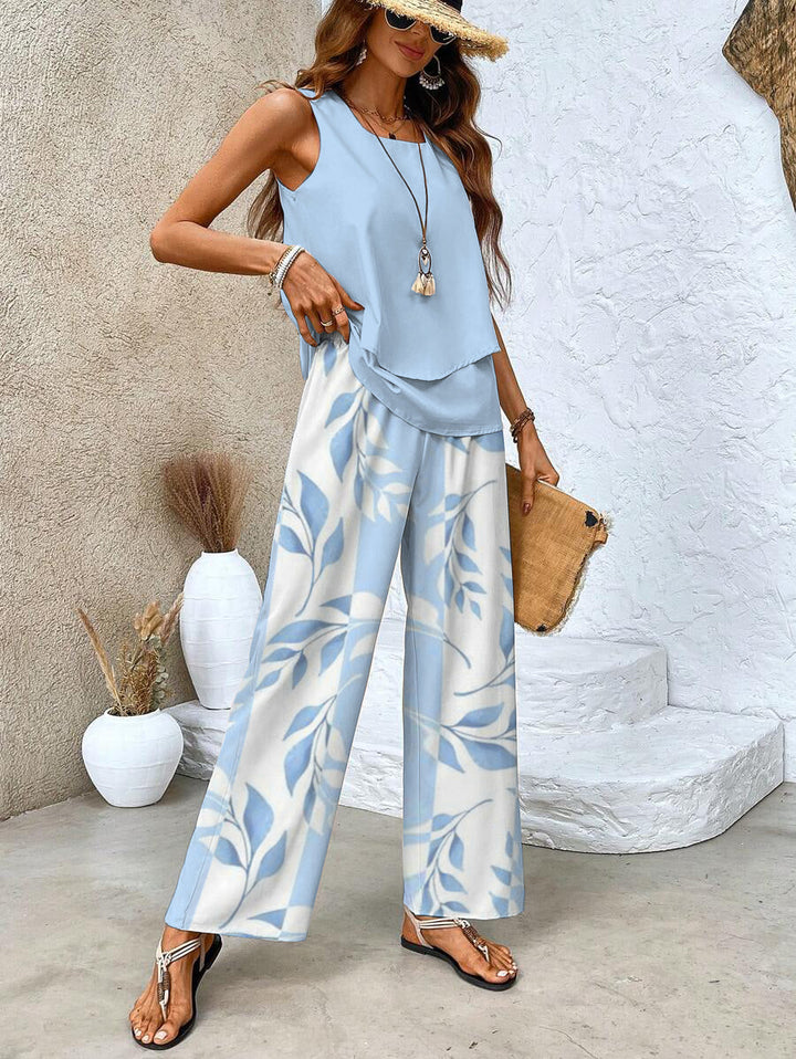 Women's Two-Piece Layered Top and Floral Wide-Leg Trousers Set