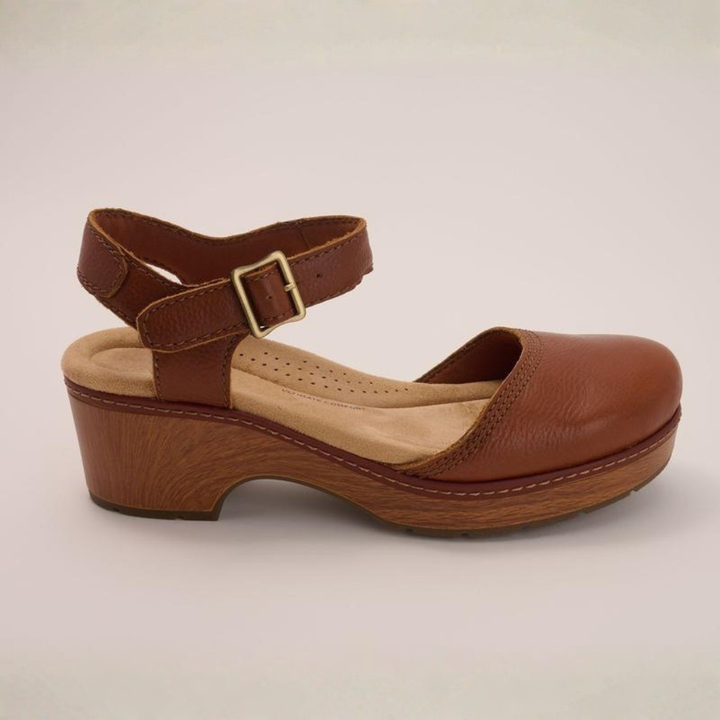 Women's Leather Ankle Strap Wooden Platform Clogs