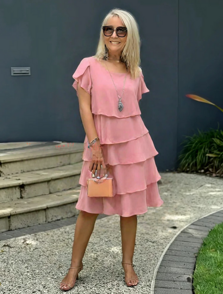 Women's Chiffon Tiered Ruffle Short Sleeve Round Neck Midi Dress