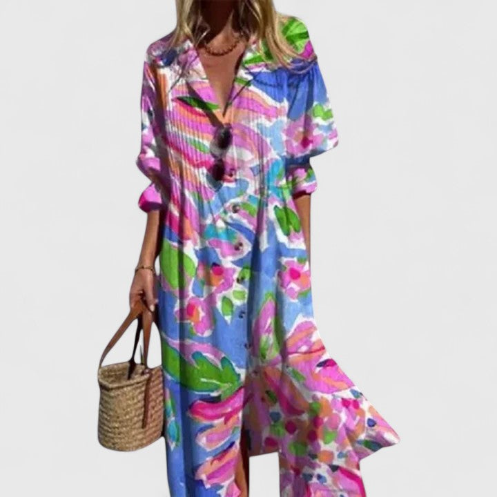 Women's Botanical Print Collared Button-Front Long Sleeve Midi Dress