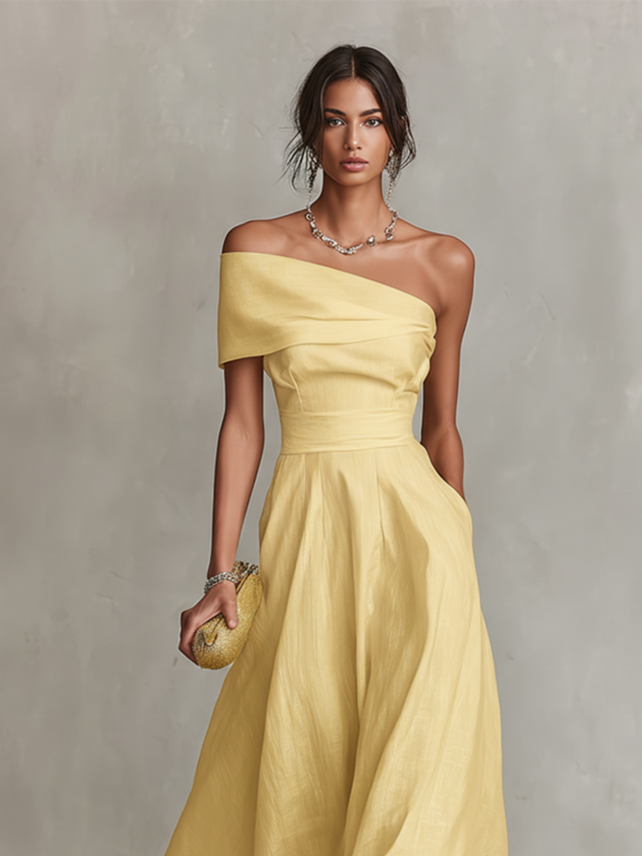 Women's Yellow One Shoulder Linen Midi Dress Wedding Guest
