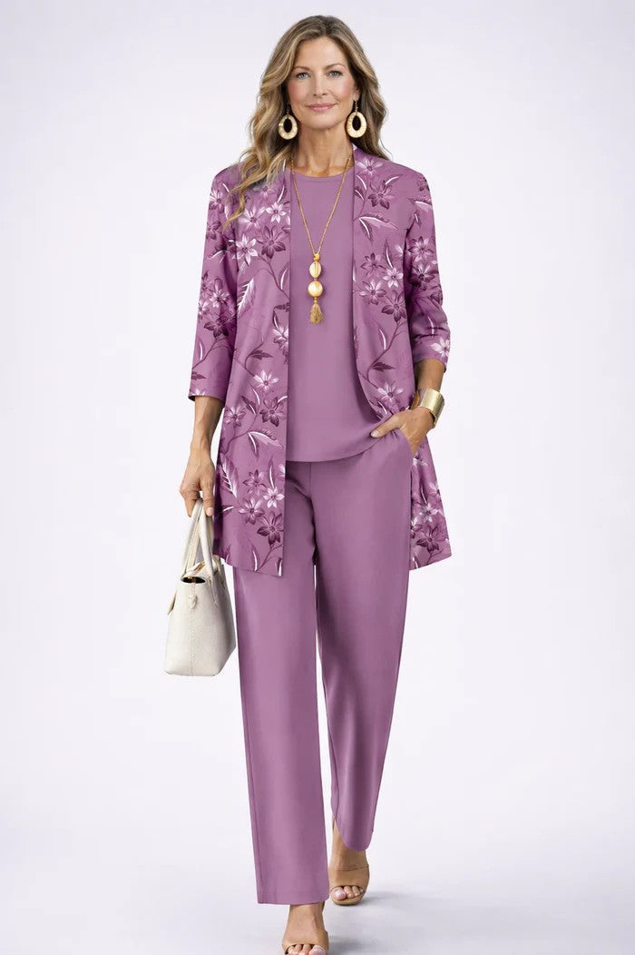 Women's Three-Piece Leaf Print Cardigan Top and Wide-Leg Trousers Set