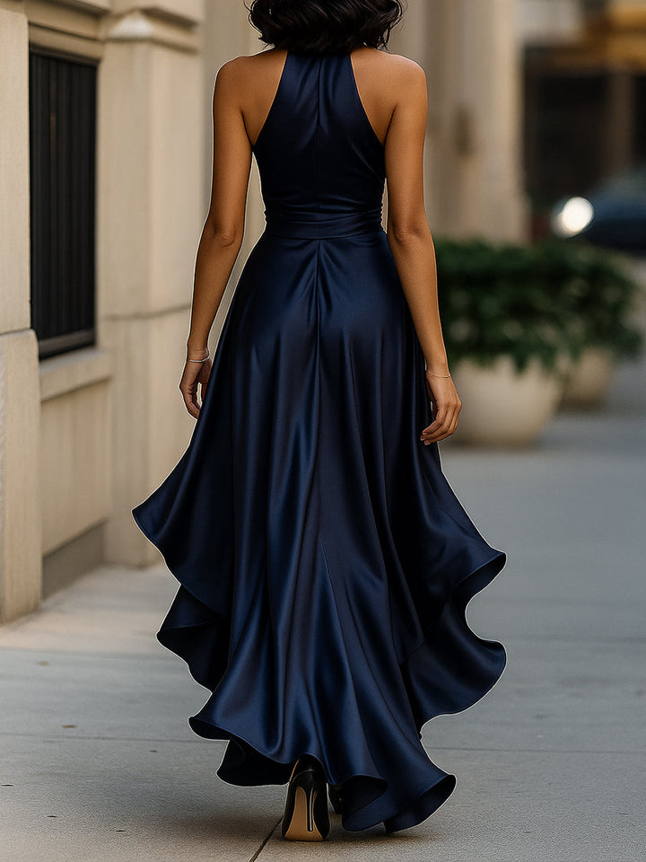 Women's Satin Halter Neck Wedding Guest Dress High-Low Hem